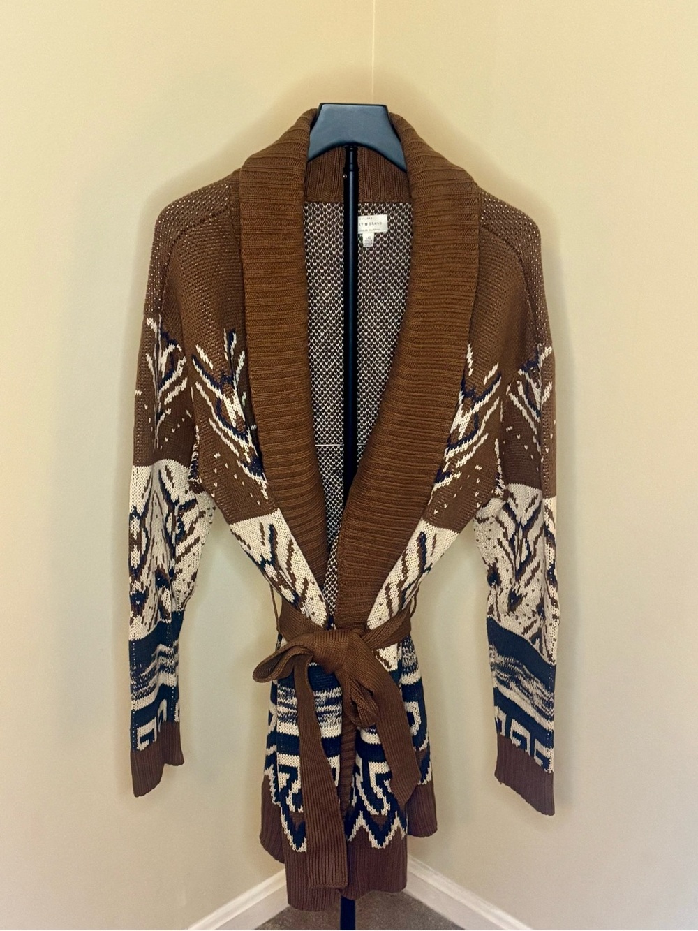 Lucky Brand Brown Patterned Shawl-Collar Belted Cardigan